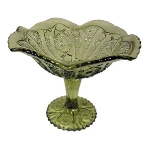 Vintage Avocado Green Imperial Glass Ohio Hobstar LARGE Pedestal Compote
